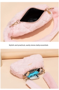 Detail of pink plush crossbody bag showing large interior capacity for daily essentials