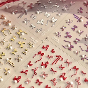 3D bow nail art stickers with pearls in red gold silver and purple to-4818 design