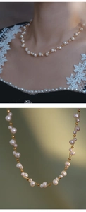 Close-up of fresh water pearls and gold beads woven in a vintage French style necklace
