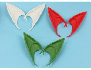 Detailed view of latex elf ears in white, red and green for Halloween cosplay parties