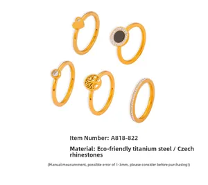 Set of five 18K gold plated titanium steel rings with tree of life and heart designs