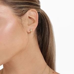 Gold star pendant earrings and necklace set worn by model in a minimalist style