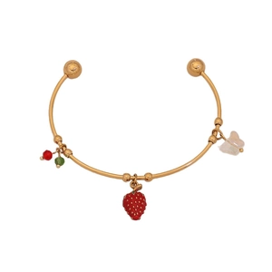 Elegant gold open bangle featuring strawberry, berry and butterfly charms for women