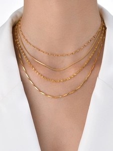 Close-up of layered 18K gold-plated stainless steel chains on model neck for women