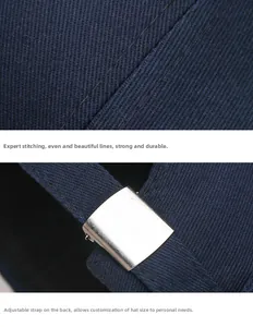 Détail de la couture en sergé bleu marine et de la boucle de réglage en métal argenté
