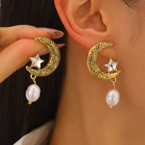 Retro gold crescent moon and star pearl drop earrings with sparkling rhinestones