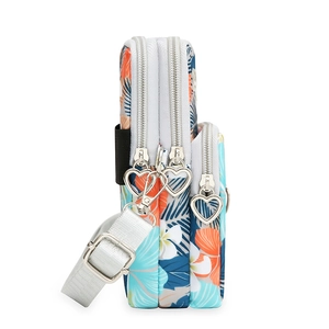 Blue tropical floral oxford fabric crossbody mobile phone bag with three zipper layers