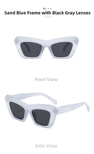 Detail of matte blue frame sunglasses with dark grey lenses in front and side views