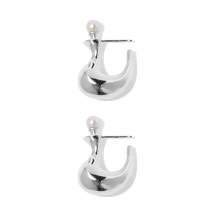 Detail of silver drop earrings with white pearls and abstract fluid design