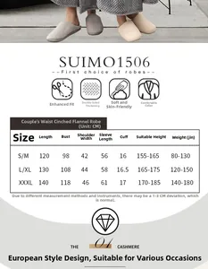 Size chart for plush velvet couple bathrobes with detailed length and width measurements