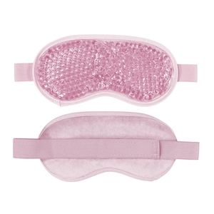 Detail of pink gel bead eye mask showing smooth PVC surface and soft fabric backing