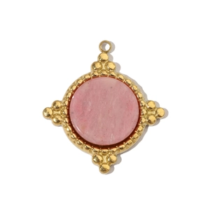 Close-up of pink natural stone pendant with gold titanium steel dotted edge detail