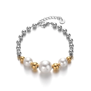 Elegant stainless steel beaded bracelet featuring white pearls and mixed gold-silver metal beads