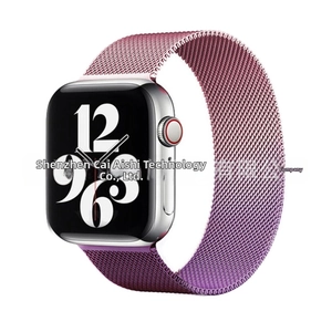 Detail of Milanese loop strap showing pink-purple gradient mesh for Apple Watch
