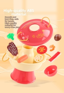 Detailed view of child-safe ABS pretend play hot pot set with colorful toy food pieces