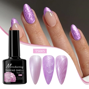 Detailed view of lavender pearl shell nail gel in smooth, rose, and wave textures