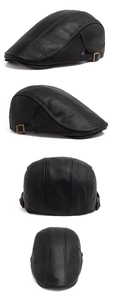 Detail of black faux leather flat cap showing adjustable metal side buckle and texture