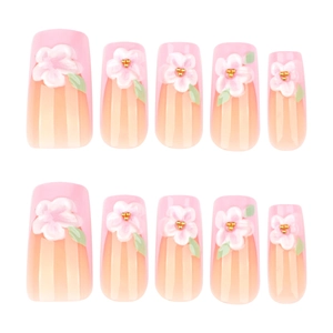 French press-on nails with 3D pink flowers and green leaves on medium square shape