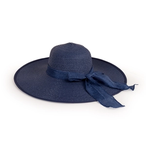 Detailed view of dark blue wide brim straw hat featuring an elegant matching ribbon bow