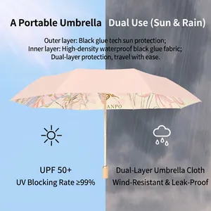 Pink UV protection umbrella with floral inner print for sun and rain defense