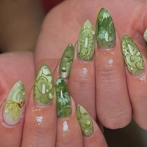 Press On Nails Green White Floral Vine 3D Water Drops Cat Eye Glossy Almond Shape Long Artificial False Finger Nails