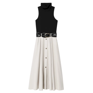 Color Block Sleeveless Mock Neck Midi Dress With Belt Elegant Slim Fit Office Lady Polyester Blend Patchwork Buttons