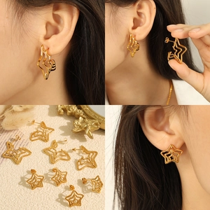 Minimalist gold pentagram earrings featuring layered hollow web design for a stylish look