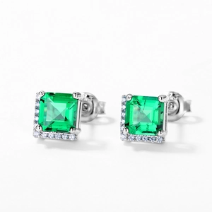 S925 sterling silver stud earrings featuring emerald-cut stones and halo setting