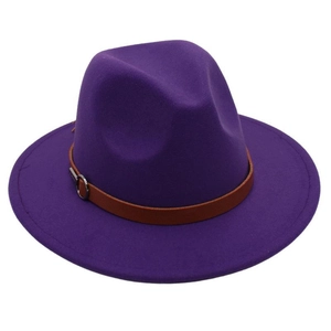 Detail of purple wide brim fedora with brown leather strap and metal buckle