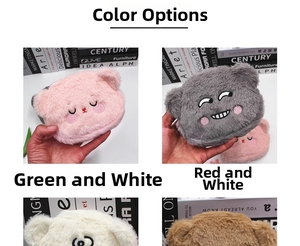 Detailed grid showing four colors of plush bear coin purses with cute embroidery