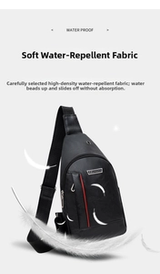 Detail of waterproof black PU leather sling bag showing red zipper and soft texture
