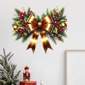 Christmas wall decal with golden bow, red berries, and ornaments for festive decor
