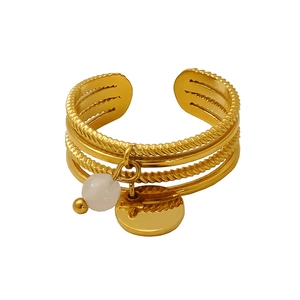 Minimalist 18K gold plated stainless steel multi-layer open ring with white bead and coin charm