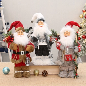 Three-piece Santa dolls featuring knitted fabric, faux fur, and festive accessories