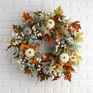 Artificial Fall Wreath Thanksgiving Harvest White Pumpkins Maple Leaves Berries Eucalyptus Front Door Farmhouse Ornament