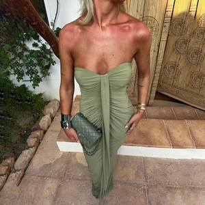 Detail view of olive green tube dress featuring elegant draped ribbons and ruched fabric
