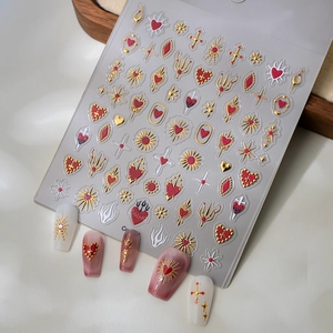 Macro detail of 3D embossed heart and star gold stickers on varied nail art samples