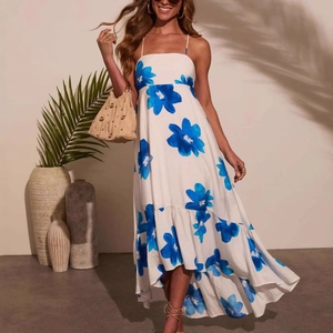 Boho Floral Spaghetti Strap Dress Backless High-Low Asymmetric Ruffle Hem Summer Vacation Women Polyester