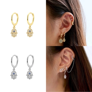 Hamsa Hand S925 sterling silver hoop earrings with blue zircon in gold and silver finish