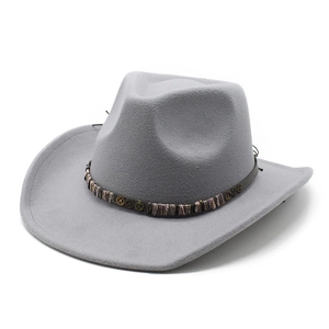 Detail of gray felt cowboy hat featuring steampunk gear decoration on a woven band