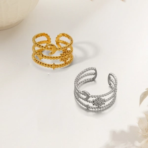 Minimalist stainless steel open ring set with sun moon and star charms in gold and silver