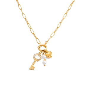 Gold stainless steel link necklace with heart and key charms and pearl accents