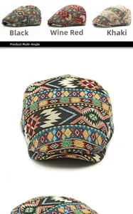 Detailed close-up of ethnic jacquard pattern on vintage style flat caps for men and women