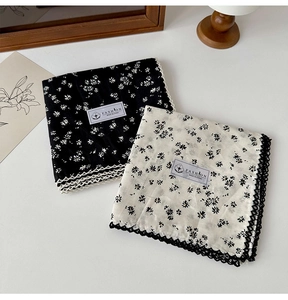 Floral cotton linen neckerchiefs with delicate lace trim in black and white styles