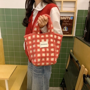 Detail of red and white checkered plush tote bag with LOVE SOZAKKA embroidery