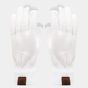 Close-up of white knitted touch screen gloves with snowflake leather patch and gray tips