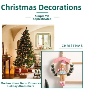 Detail of gingerbread man Christmas wreath with pink Feliz Navidad sign and festive tree decor