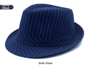 Side view of navy blue pinstripe fedora hat with textured fabric and ribbon trim