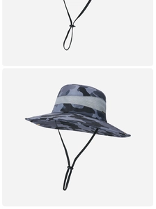 Detail of camouflage outdoor sun hat with breathable mesh and adjustable drawcord