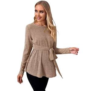 Slim fit long sleeve maternity knit sweater in camel brown with ribbed texture and belt